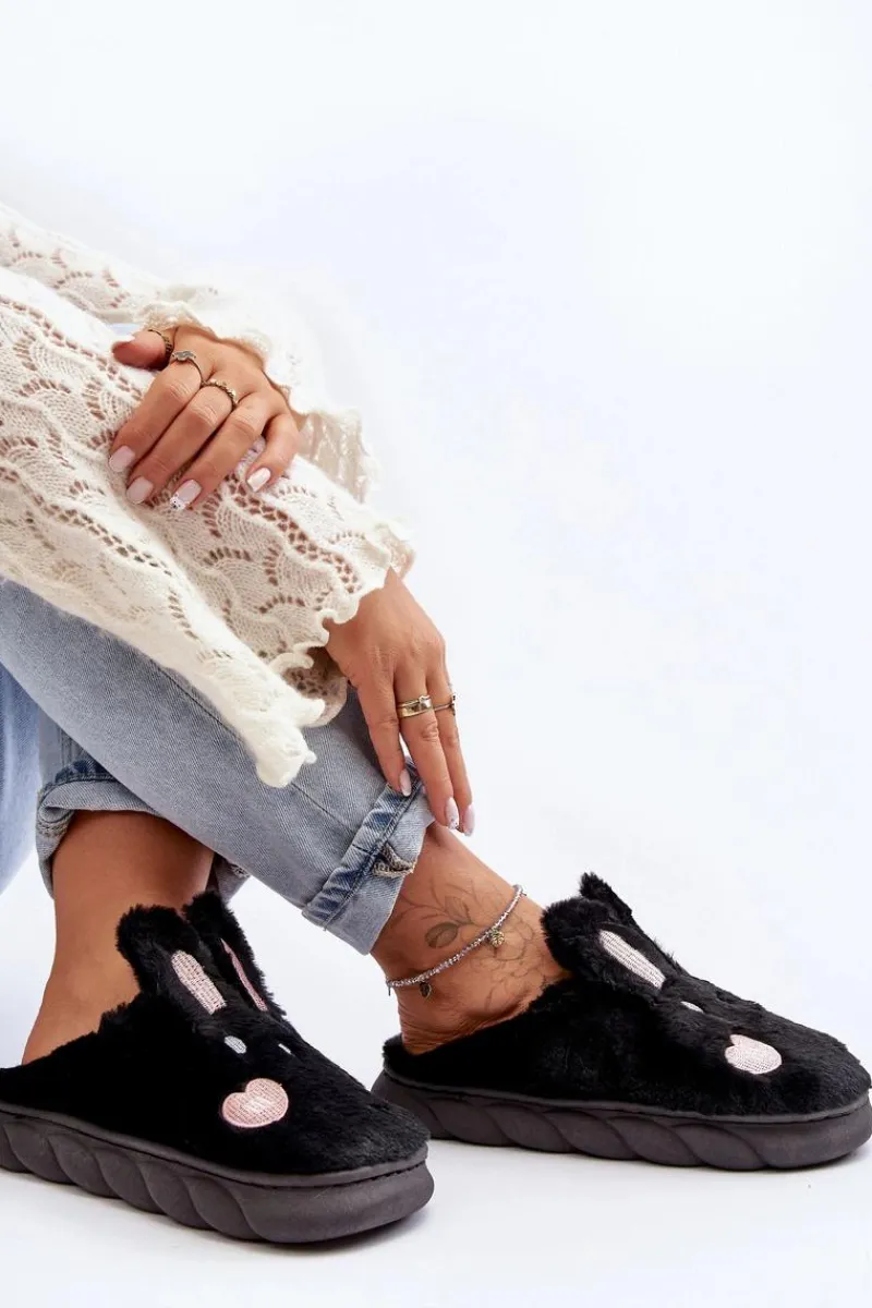 Kapcie Klasyczne>Boto Damskie Futrzane Kapcie Z Króliczkiem Czarne Naveritte
