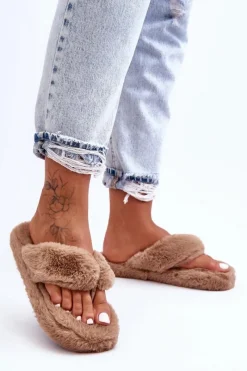 Sale Damskie Futrzane Klapki Papcie Brązowe Elma Damskie Kapcie Klasyczne|Klapki Z Futerkiem