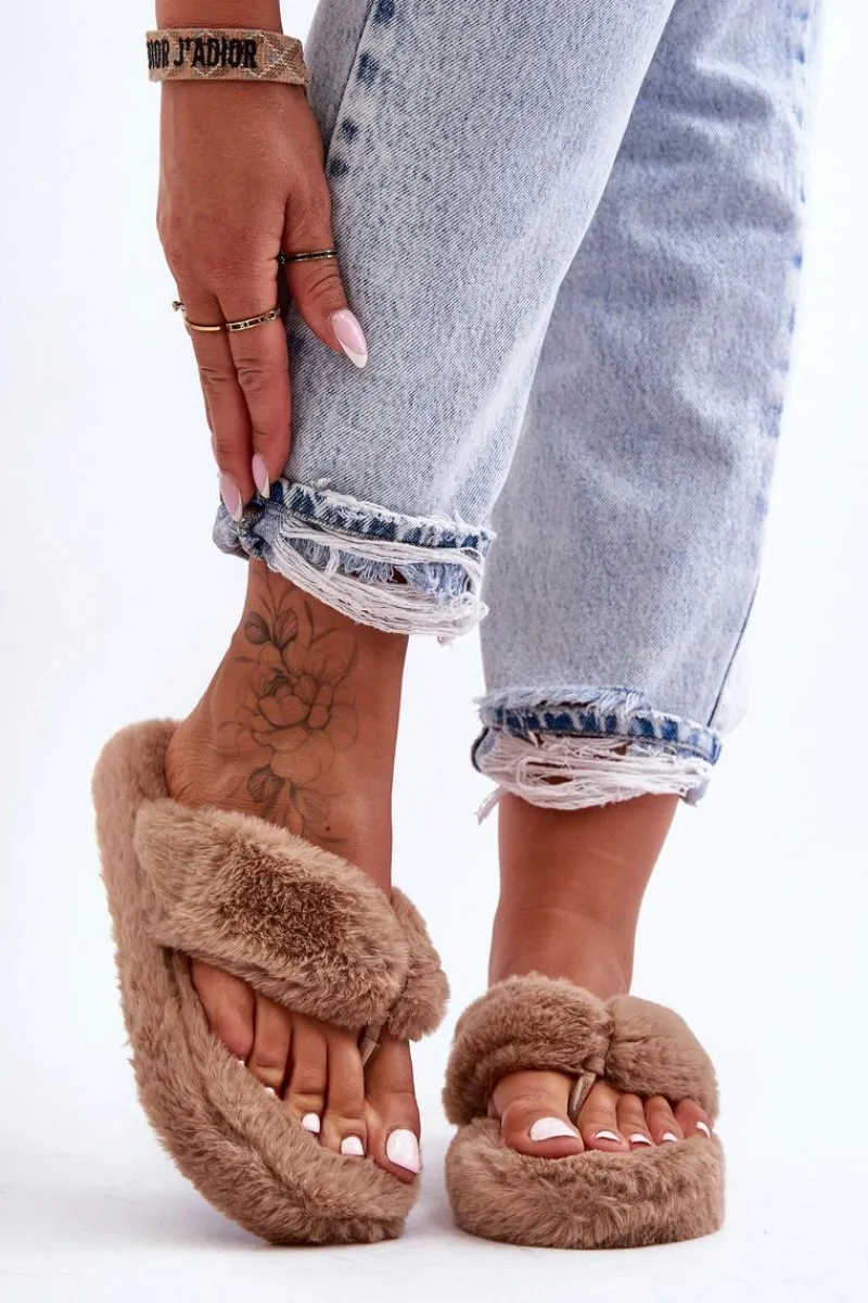 Sale Damskie Futrzane Klapki Papcie Brązowe Elma Damskie Kapcie Klasyczne|Klapki Z Futerkiem