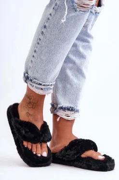 Kapcie Klasyczne|Klapki Z Futerkiem>Boto Damskie Futrzane Klapki Papcie Czarne Elma Czarny