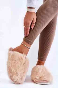 Hot Damskie Futrzane Papcie Beżowe Sheryl Damskie Kapcie Klasyczne