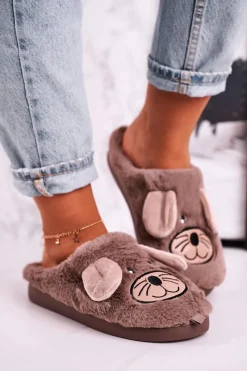Boto Damskie Futrzane Papcie Myszki Beżowe Home Sweet Home