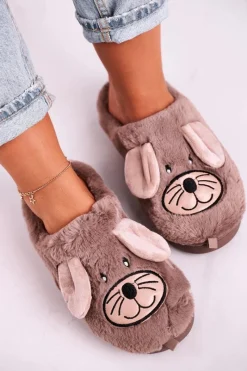 Boto Damskie Futrzane Papcie Myszki Beżowe Home Sweet Home