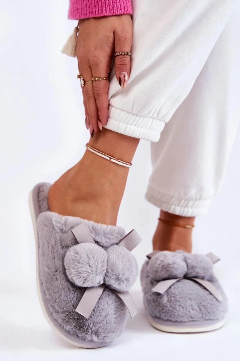 Clearance Damskie Futrzane Papcie Z Pomponami Szare Castello Damskie Kapcie Klasyczne