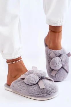 Clearance Damskie Futrzane Papcie Z Pomponami Szare Castello Damskie Kapcie Klasyczne