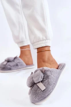 Clearance Damskie Futrzane Papcie Z Pomponami Szare Castello Damskie Kapcie Klasyczne