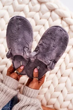 Sale Damskie Futrzane Papcie Z Uszami Szare Hippo Damskie Kapcie Klasyczne