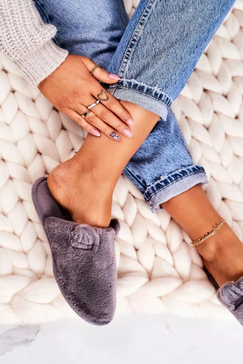 Sale Damskie Futrzane Papcie Z Uszami Szare Hippo Damskie Kapcie Klasyczne