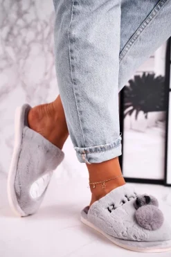 Kapcie Klasyczne>Boto Damskie Futrzane Papcie z Królikiem I Marchewką Szare Follow Me