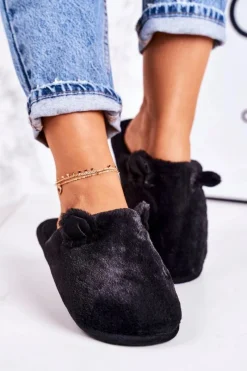 Hot Boto Damskie Futrzane Papcie Z Uszami Czarne Hippo