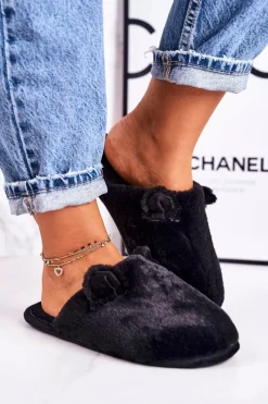 Hot Boto Damskie Futrzane Papcie Z Uszami Czarne Hippo