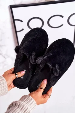 Hot Boto Damskie Futrzane Papcie Z Uszami Czarne Hippo