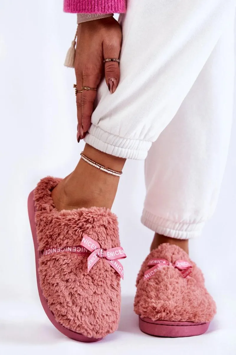 Outlet Boto Damskie Futrzane Papcie Z Kokardką Różowe Ryana