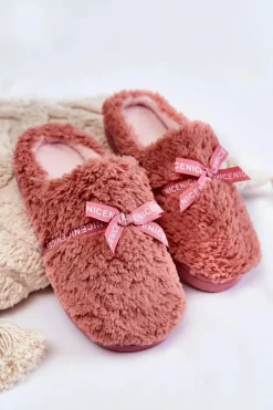 Outlet Boto Damskie Futrzane Papcie Z Kokardką Różowe Ryana