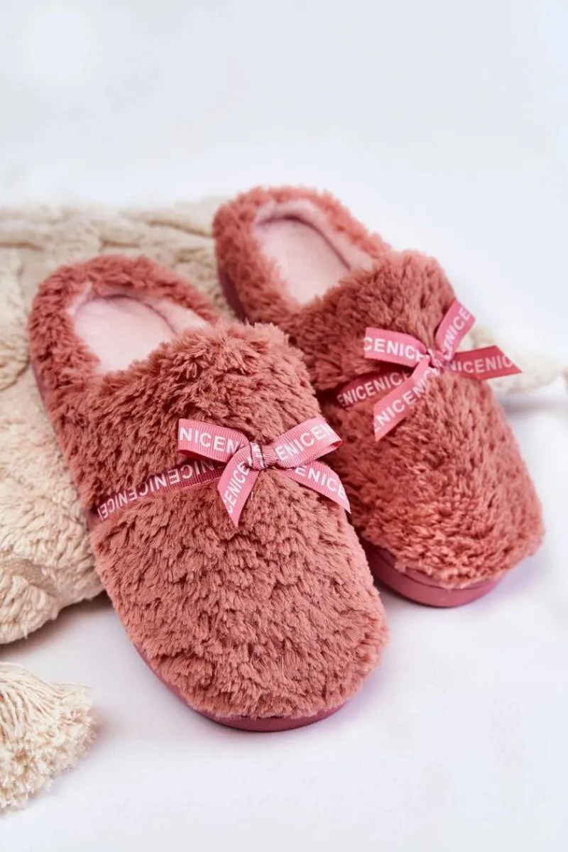 Outlet Boto Damskie Futrzane Papcie Z Kokardką Różowe Ryana