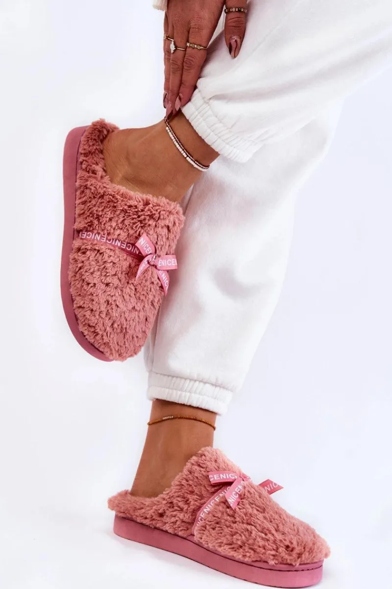 Outlet Boto Damskie Futrzane Papcie Z Kokardką Różowe Ryana