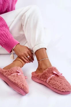 Outlet Boto Damskie Futrzane Papcie Z Kokardką Różowe Ryana