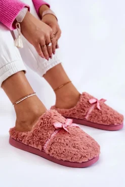 Outlet Boto Damskie Futrzane Papcie Z Kokardką Różowe Ryana