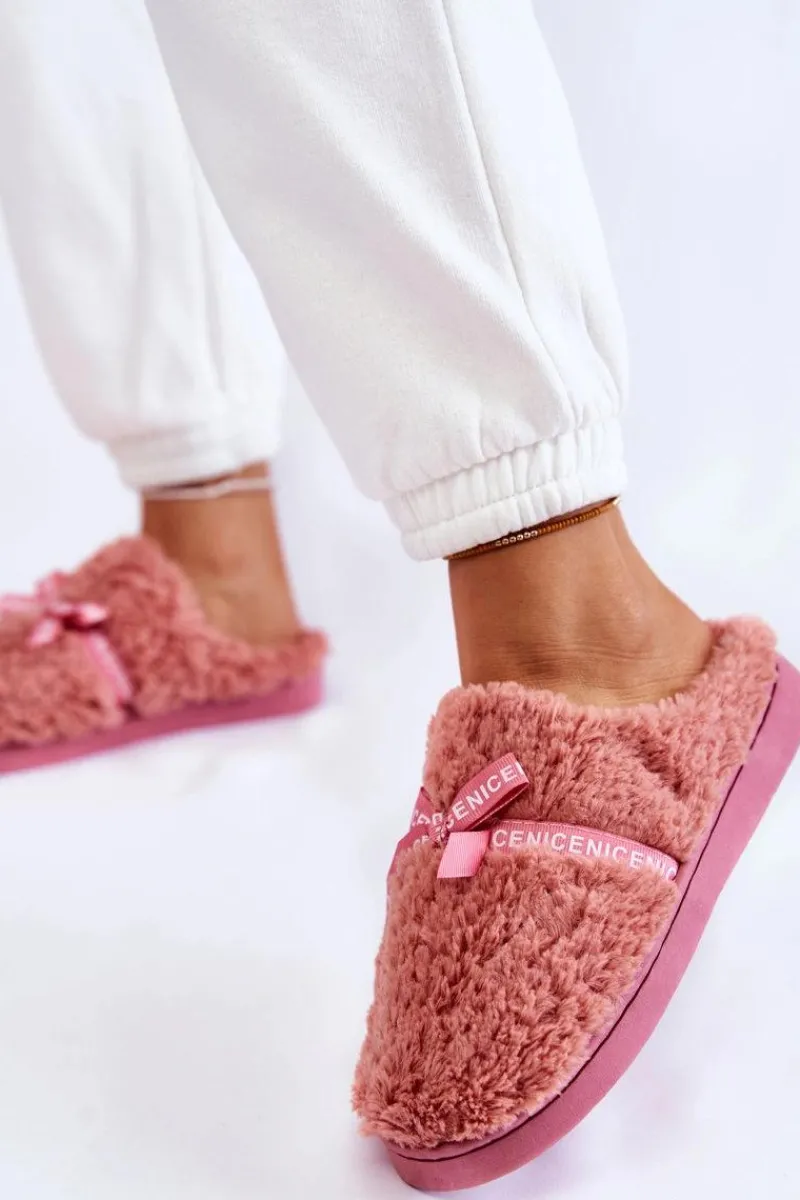 Outlet Boto Damskie Futrzane Papcie Z Kokardką Różowe Ryana