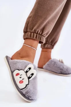 Boto Damskie Futrzane Papcie Z Królikiem Szare Trisha