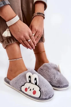 Boto Damskie Futrzane Papcie Z Królikiem Szare Trisha