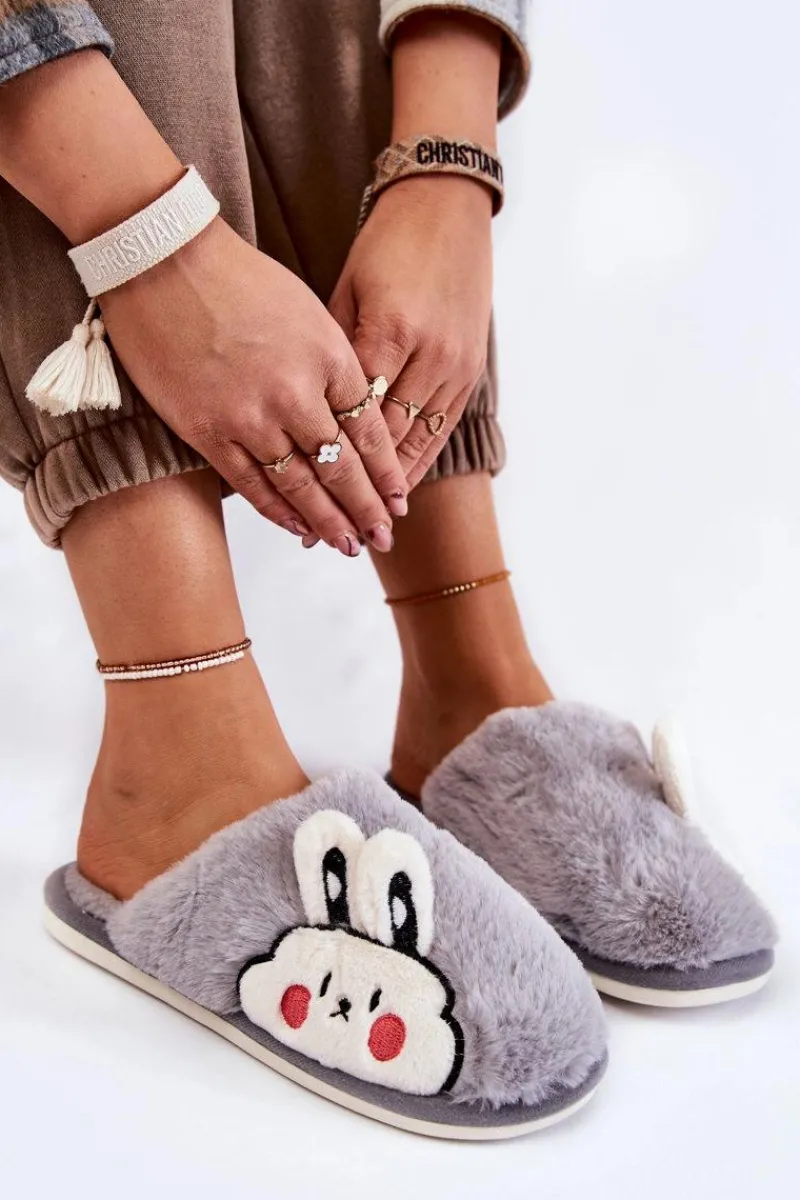 Boto Damskie Futrzane Papcie Z Królikiem Szare Trisha