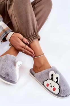 Boto Damskie Futrzane Papcie Z Królikiem Szare Trisha