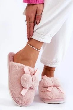 Sale Boto Damskie Futrzane Papcie Z Pomponami Różowe Castello