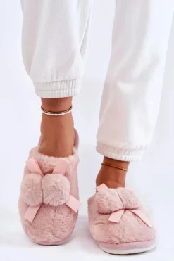 Sale Boto Damskie Futrzane Papcie Z Pomponami Różowe Castello