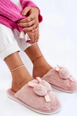 Sale Boto Damskie Futrzane Papcie Z Pomponami Różowe Castello
