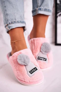 Clearance Damskie Futrzane Papcie Z Czapką I Pomponem Różowe Keep Warm Damskie Kapcie Klasyczne