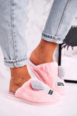 Clearance Damskie Futrzane Papcie Z Czapką I Pomponem Różowe Keep Warm Damskie Kapcie Klasyczne