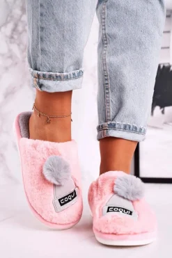 Clearance Damskie Futrzane Papcie Z Czapką I Pomponem Różowe Keep Warm Damskie Kapcie Klasyczne