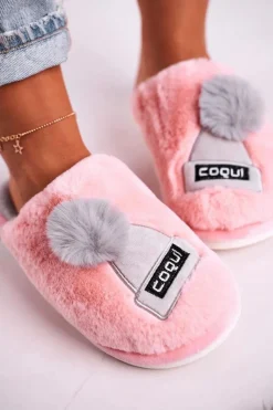 Clearance Damskie Futrzane Papcie Z Czapką I Pomponem Różowe Keep Warm Damskie Kapcie Klasyczne