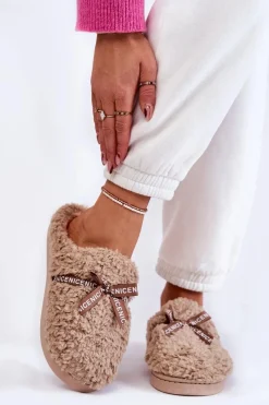 Online Damskie Futrzane Papcie Z Kokardką Beżowe Ryana Damskie Kapcie Klasyczne