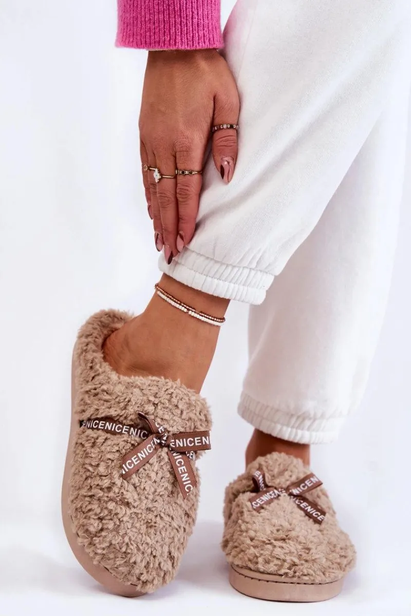 Online Damskie Futrzane Papcie Z Kokardką Beżowe Ryana Damskie Kapcie Klasyczne