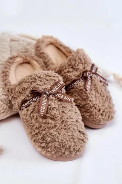 Online Damskie Futrzane Papcie Z Kokardką Beżowe Ryana Damskie Kapcie Klasyczne