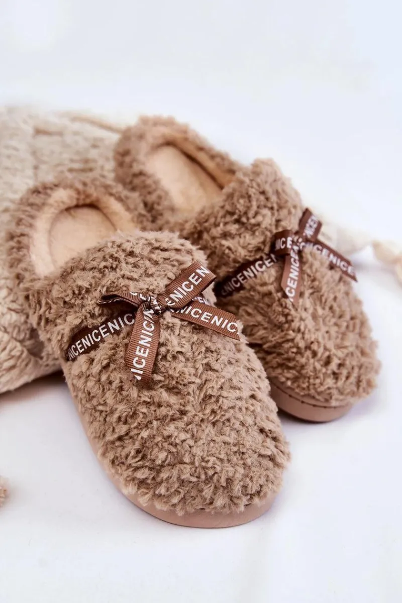 Online Damskie Futrzane Papcie Z Kokardką Beżowe Ryana Damskie Kapcie Klasyczne