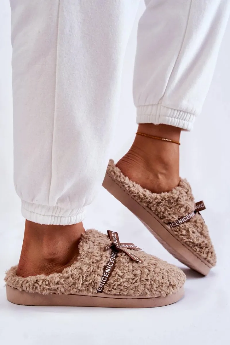 Online Damskie Futrzane Papcie Z Kokardką Beżowe Ryana Damskie Kapcie Klasyczne