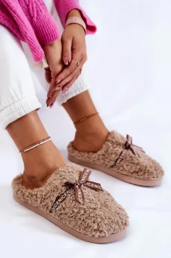 Online Damskie Futrzane Papcie Z Kokardką Beżowe Ryana Damskie Kapcie Klasyczne