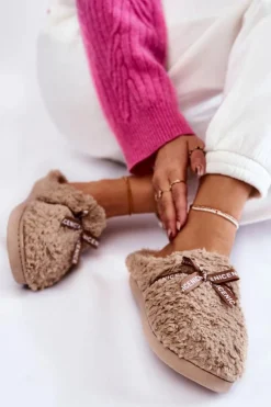 Online Damskie Futrzane Papcie Z Kokardką Beżowe Ryana Damskie Kapcie Klasyczne