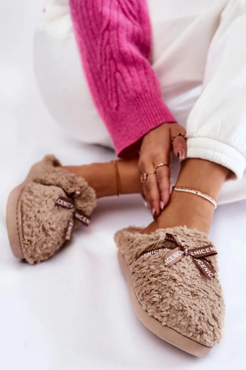 Online Damskie Futrzane Papcie Z Kokardką Beżowe Ryana Damskie Kapcie Klasyczne