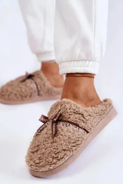 Online Damskie Futrzane Papcie Z Kokardką Beżowe Ryana Damskie Kapcie Klasyczne