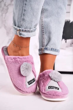 Best Boto Damskie Futrzane Papcie Z Czapką I Pomponem Fioletowe Keep Warm