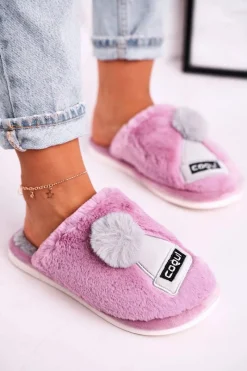 Best Boto Damskie Futrzane Papcie Z Czapką I Pomponem Fioletowe Keep Warm
