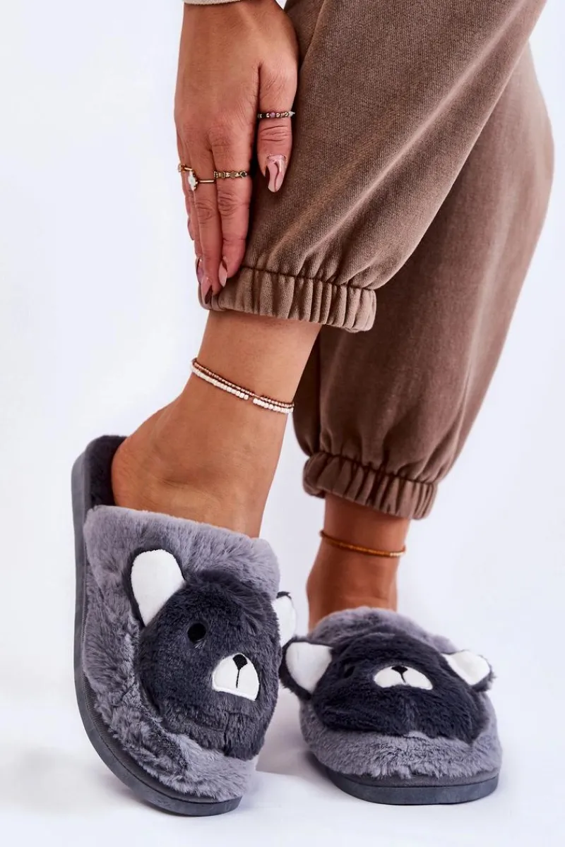 Clearance Damskie Futrzane Papcie Z Misiem Szare Solly Damskie Kapcie Klasyczne