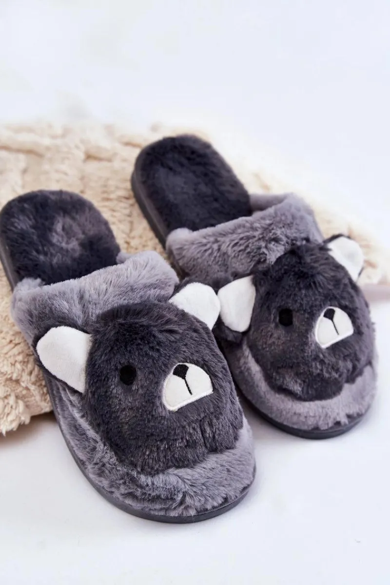 Clearance Damskie Futrzane Papcie Z Misiem Szare Solly Damskie Kapcie Klasyczne