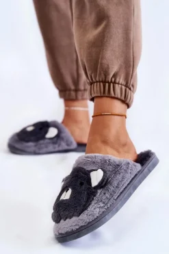 Clearance Damskie Futrzane Papcie Z Misiem Szare Solly Damskie Kapcie Klasyczne