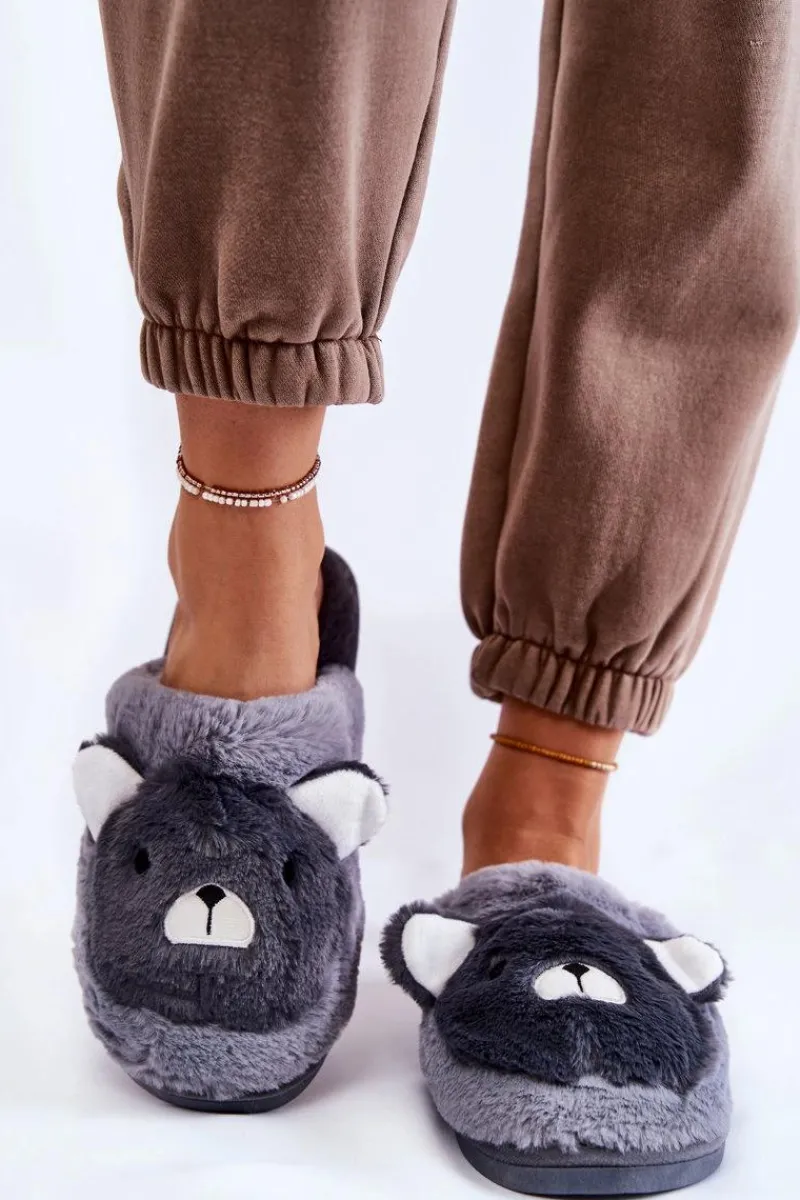 Clearance Damskie Futrzane Papcie Z Misiem Szare Solly Damskie Kapcie Klasyczne