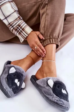 Clearance Damskie Futrzane Papcie Z Misiem Szare Solly Damskie Kapcie Klasyczne